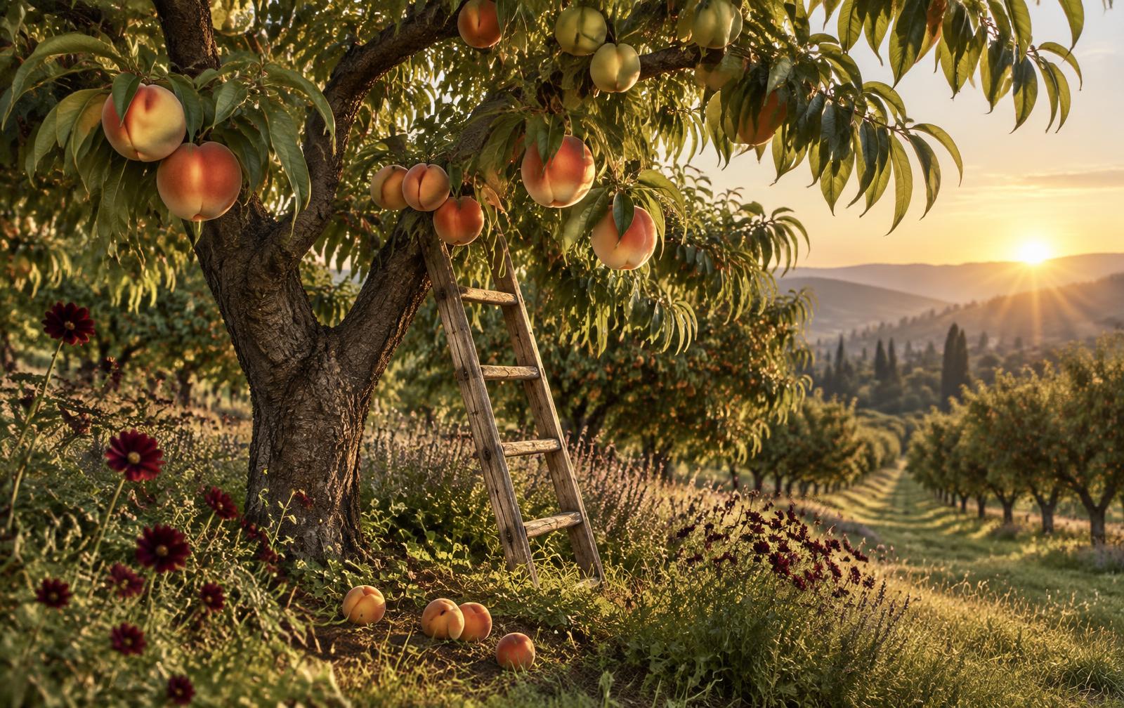 A peach orchard at sunrise with ripe fruit, unripe fruit, gathered fruit, and a wooden ladder