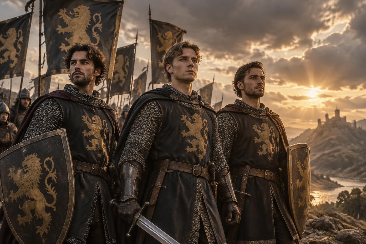 The same three young men as lionhearted warriors under gold lion banners at dawn