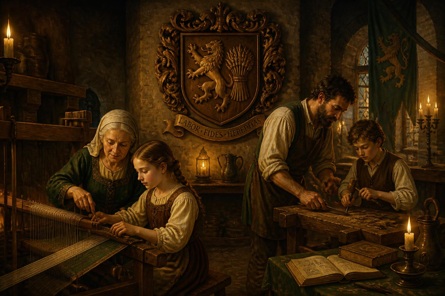 A family in a candlelit stone hall — a grandmother teaching a girl at the loom, a father and son at the workbench, a carved family shield above them