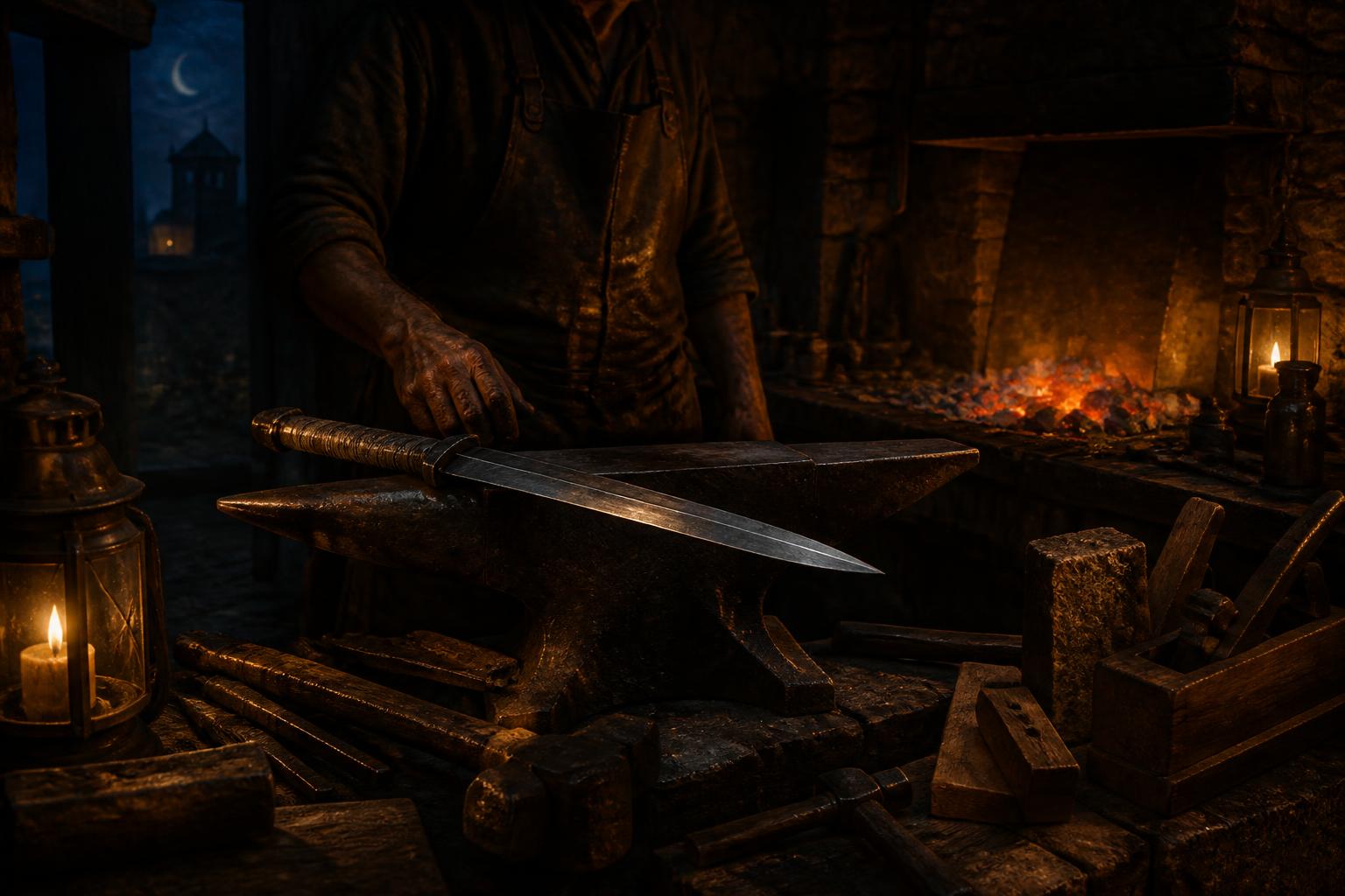 A blade and hand tools on an anvil beside a glowing forge