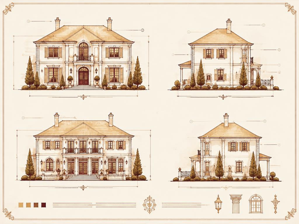 Four elevations of an estate home drawn in gold ink